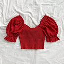Blusa de mujer roja a cuadros texturizada con mangas abullonadas, lazo en el pecho, cintura elastica y dobladillo con volantes, camisa romantica informal para vacaciones