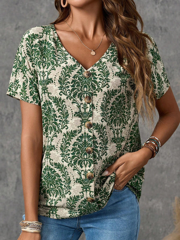 EMERY ROSE Camisa de mujer casual de manga corta con estampado completo para vacaciones