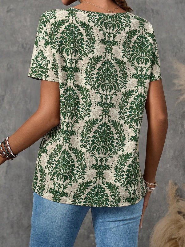 EMERY ROSE Camisa de mujer casual de manga corta con estampado completo para vacaciones