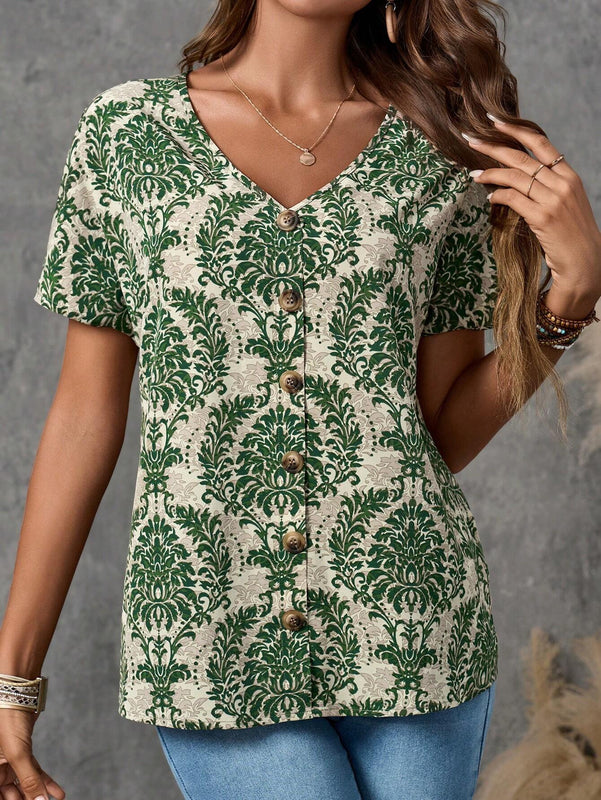 EMERY ROSE Camisa de mujer casual de manga corta con estampado completo para vacaciones