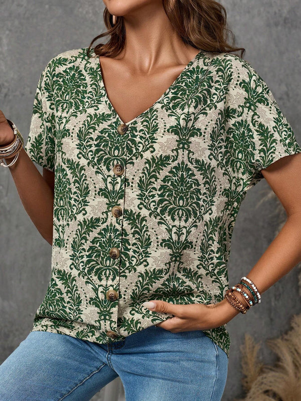 EMERY ROSE Camisa de mujer casual de manga corta con estampado completo para vacaciones