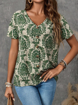 EMERY ROSE Camisa de mujer casual de manga corta con estampado completo para vacaciones
