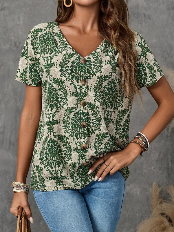 EMERY ROSE Camisa de mujer casual de manga corta con estampado completo para vacaciones