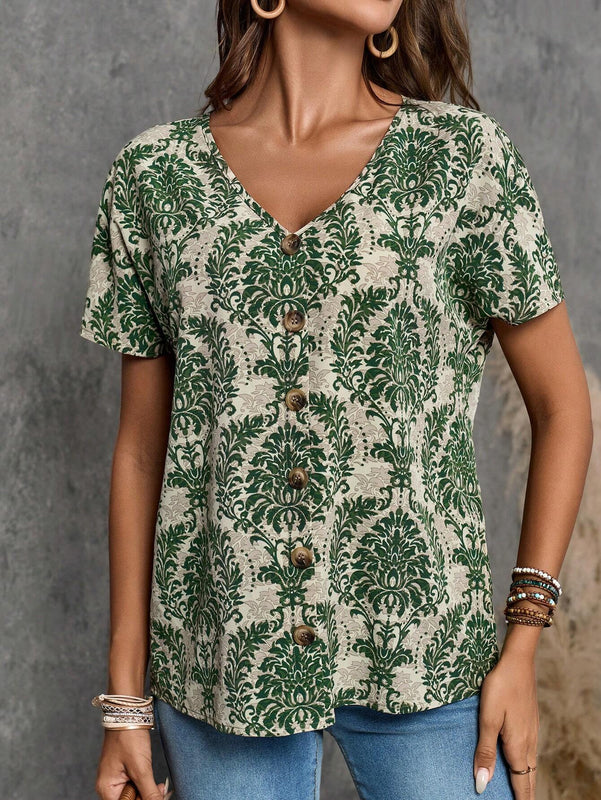EMERY ROSE Camisa de mujer casual de manga corta con estampado completo para vacaciones