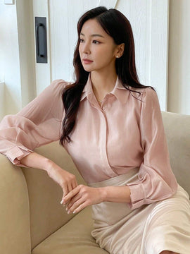 DAZY Camisa de mujer con botones y mangas largas plisadas