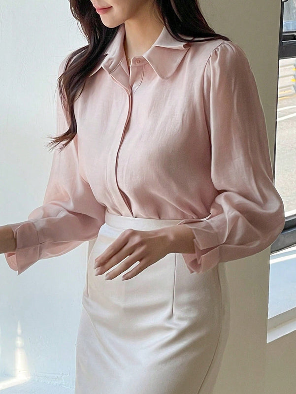 DAZY Camisa de mujer con botones y mangas largas plisadas