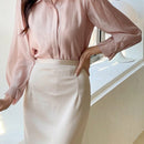 DAZY Camisa de mujer con botones y mangas largas plisadas