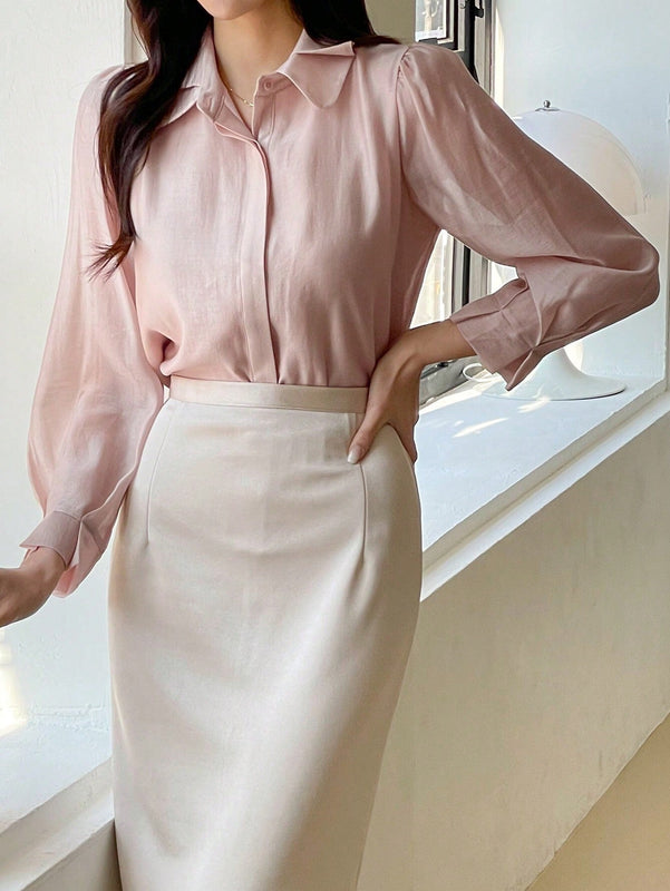 DAZY Camisa de mujer con botones y mangas largas plisadas