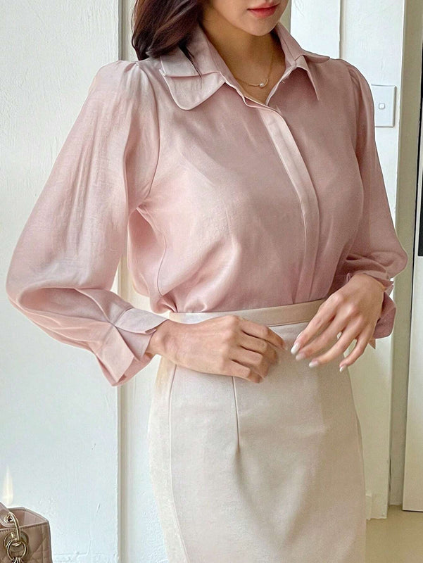 DAZY Camisa de mujer con botones y mangas largas plisadas