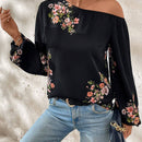 Camisa de mujer con botones, estampado floral de manga larga y mangas abullonadas elegantes