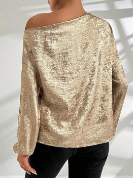 Blusa de manga de linterna con cuello asimetrico de jacquard