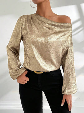Blusa de manga de linterna con cuello asimetrico de jacquard