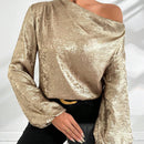 Blusa de manga de linterna con cuello asimetrico de jacquard