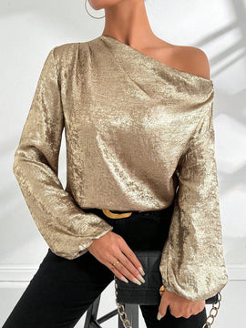 Blusa de manga de linterna con cuello asimetrico de jacquard