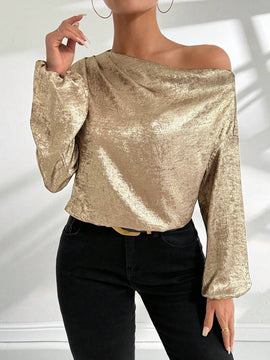 Blusa de manga de linterna con cuello asimetrico de jacquard