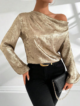 Blusa de manga de linterna con cuello asimetrico de jacquard