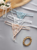Set de 3 piezas de pantis de encaje transparente con diseno de lazo sexy para mujer