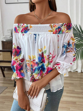 Blusa paralela de gasa con estampado floral y escote en V para vacaciones de mujer