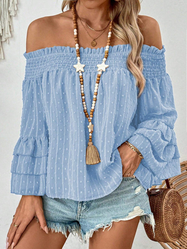 Camisa Elegante Plisada Con Mangas Acampanadas Y Fruncido Lingual Con Hombros Descubiertos Para Mujer