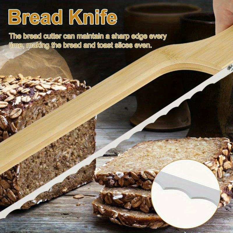 Cortador de Pan Ergonómico de Madera con Hoja de Acero Inoxidable Dentada - Filo Afilado y Duradero para Mazas, Bagels y Panes - Herramienta de Cocina Multifuncional, Regalo Ideal para Aficionados a la Repostería