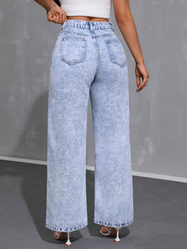 Essnce Jeans casuales de cintura ancha y ajuste suelto para mujer con bolsillos
