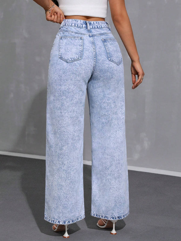 Essnce Jeans casuales de cintura ancha y ajuste suelto para mujer con bolsillos