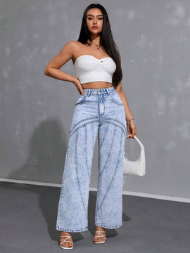 Essnce Jeans casuales de cintura ancha y ajuste suelto para mujer con bolsillos