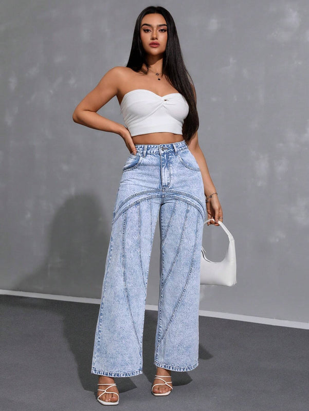 Essnce Jeans casuales de cintura ancha y ajuste suelto para mujer con bolsillos