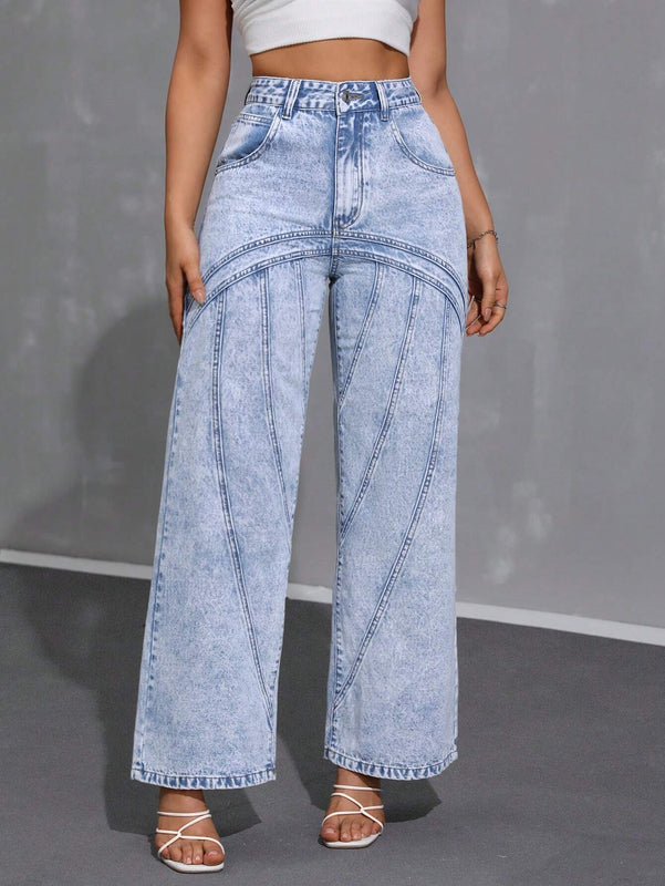 Essnce Jeans casuales de cintura ancha y ajuste suelto para mujer con bolsillos