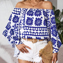 Camisa casual de manga larga para vacaciones con estampado de plantas para mujer, con hombros descubiertos
