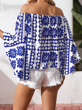 Camisa casual de manga larga para vacaciones con estampado de plantas para mujer, con hombros descubiertos
