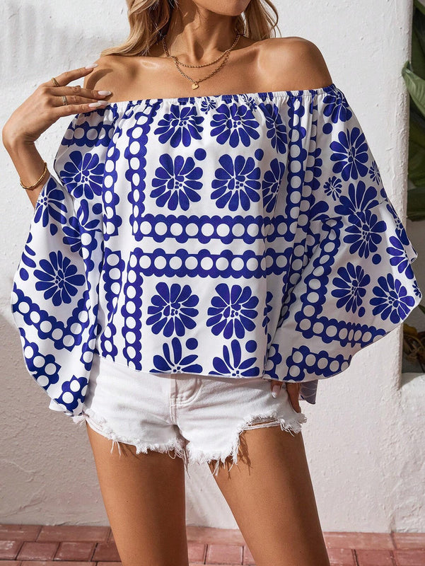 Camisa casual de manga larga para vacaciones con estampado de plantas para mujer, con hombros descubiertos