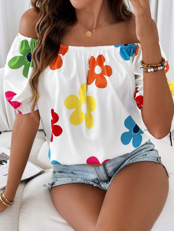 Camisa elegante y suave para mujer con hombros descubiertos, holgada y comoda con corte de impresion aleatoria