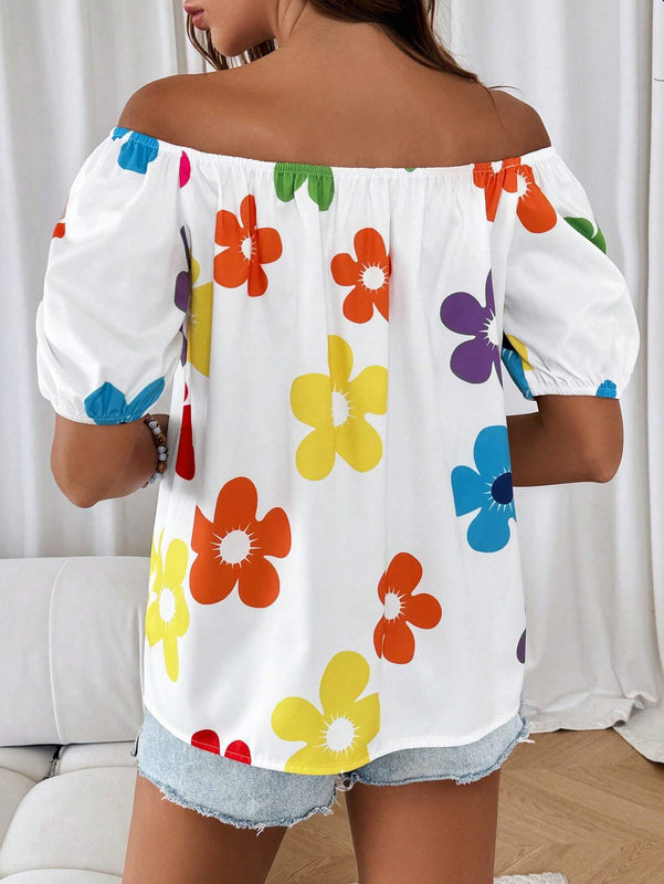 Camisa elegante y suave para mujer con hombros descubiertos, holgada y comoda con corte de impresion aleatoria