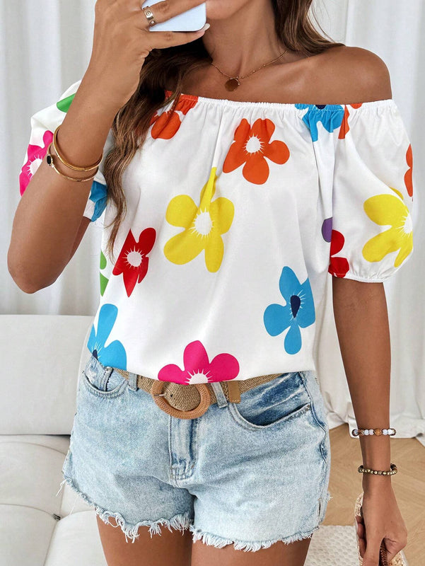 Camisa elegante y suave para mujer con hombros descubiertos, holgada y comoda con corte de impresion aleatoria