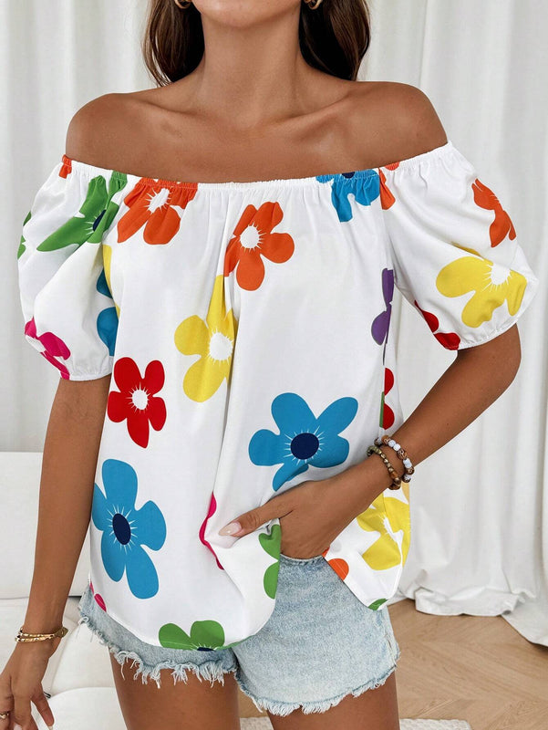 Camisa elegante y suave para mujer con hombros descubiertos, holgada y comoda con corte de impresion aleatoria
