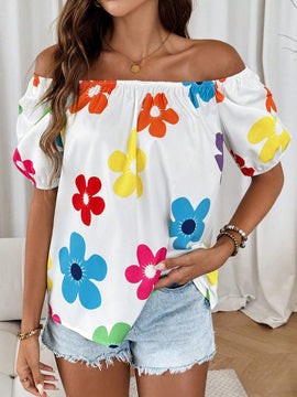 Camisa elegante y suave para mujer con hombros descubiertos, holgada y comoda con corte de impresion aleatoria