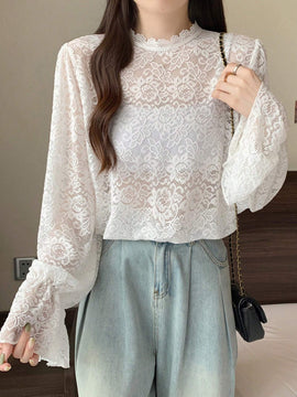 DAZY Blusa de manga larga con mangas de encaje tipo globo para mujer