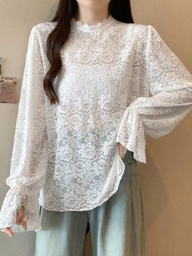 DAZY Blusa de manga larga con mangas de encaje tipo globo para mujer