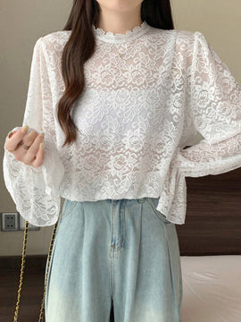 DAZY Blusa de manga larga con mangas de encaje tipo globo para mujer