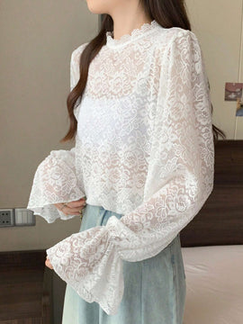 DAZY Blusa de manga larga con mangas de encaje tipo globo para mujer