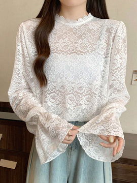 DAZY Blusa de manga larga con mangas de encaje tipo globo para mujer