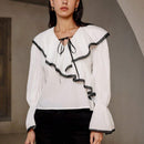 Camisa holgada para mujer con estilo chic y bloque de color adecuada para el trabajo y la conmutacion con dobladillo y punos de volantes
