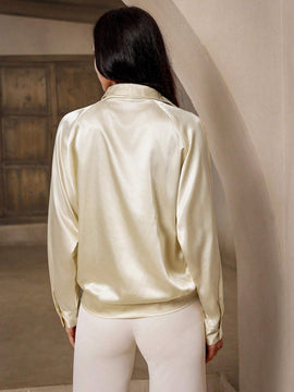 Camisa holgada estilo frances de manga larga y mezcla de seda con diseno de colgante