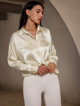 Camisa holgada estilo frances de manga larga y mezcla de seda con diseno de colgante