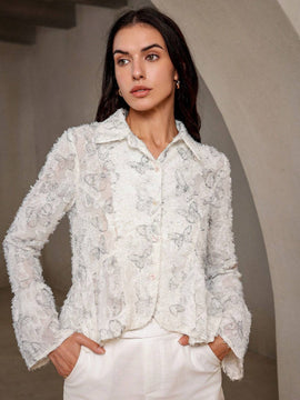 Camisa de manga de campana con corte aleatorio y diseno unico para estilizar la cintura, con flores al estilo frances para adelgazar