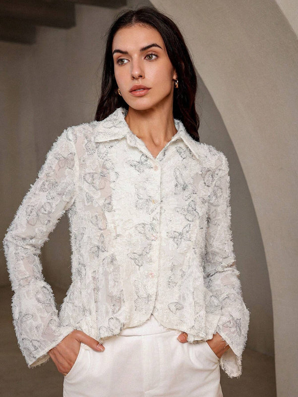 Camisa de manga de campana con corte aleatorio y diseno unico para estilizar la cintura, con flores al estilo frances para adelgazar