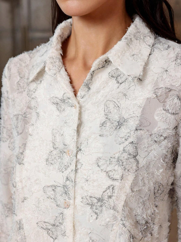 Camisa de manga de campana con corte aleatorio y diseno unico para estilizar la cintura, con flores al estilo frances para adelgazar