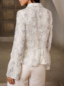 Camisa de manga de campana con corte aleatorio y diseno unico para estilizar la cintura, con flores al estilo frances para adelgazar