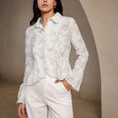 Camisa de manga de campana con corte aleatorio y diseno unico para estilizar la cintura, con flores al estilo frances para adelgazar